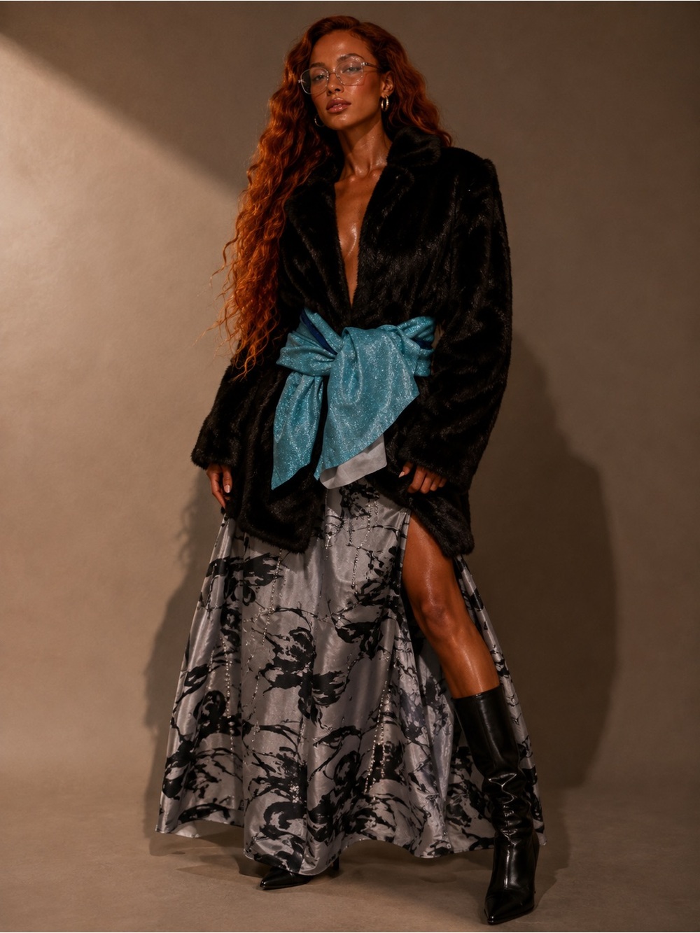 Vintage Black Faux Fur Jacket with Light Blue Wrap Belt
